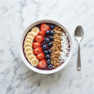 Classic acai bowl topped with banana, strawberries, blueberries and granola