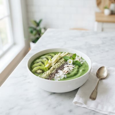 Green goddess bowl topped with kiwi, green apple, hemp seeds and mint