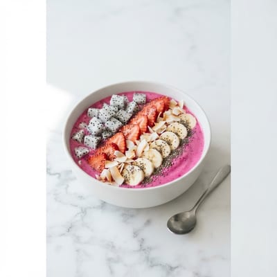 Pink pitaya bowl topped with dragon fruit, strawberry, banana and coconut flakes