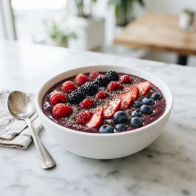 Berry acai bowl topped with raspberries, blackberries and chia seeds