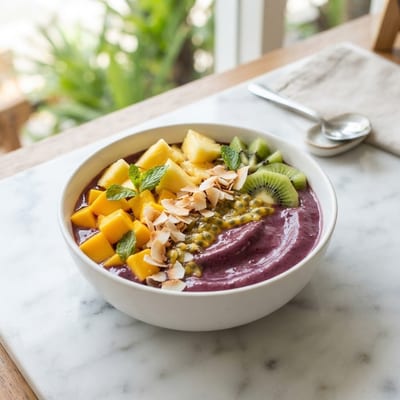 Tropical acai bowl topped with mango, pineapple, kiwi and toasted coconut