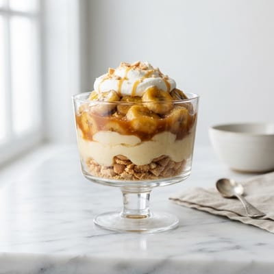 Glass of banana foster pudding with caramelized banana, caramel sauce and wafer crumble