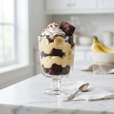 Glass of brownie banana pudding layered with fudge brownie chunks, custard and fresh banana slices topped with whipped cream