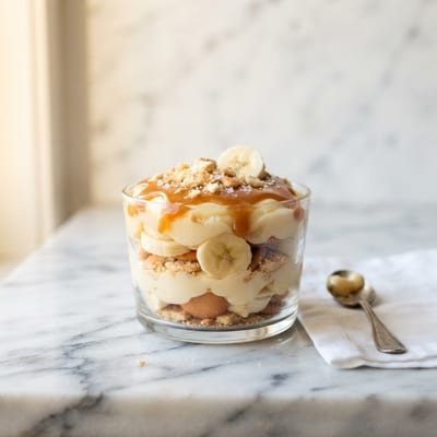 Glass of caramel banana pudding drizzled with caramel and topped with whipped cream