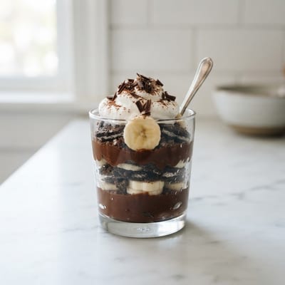 Glass of chocolate banana pudding topped with whipped cream and dark chocolate shavings