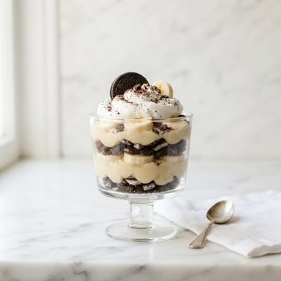 Glass of cookies and cream banana pudding topped with cookie crumbs
