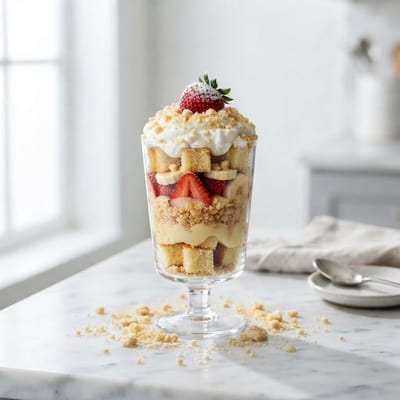 Glass of strawberry banana pudding with shortcake cubes, custard, strawberries and banana slices topped with whipped cream