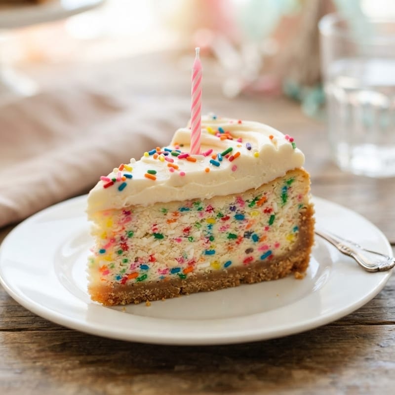 Slice of funfetti birthday cake cheesecake with vanilla buttercream and rainbow sprinkles on a white plate