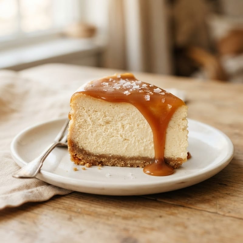 Slice of salted caramel cheesecake with caramel drizzle and flaky sea salt on a white plate