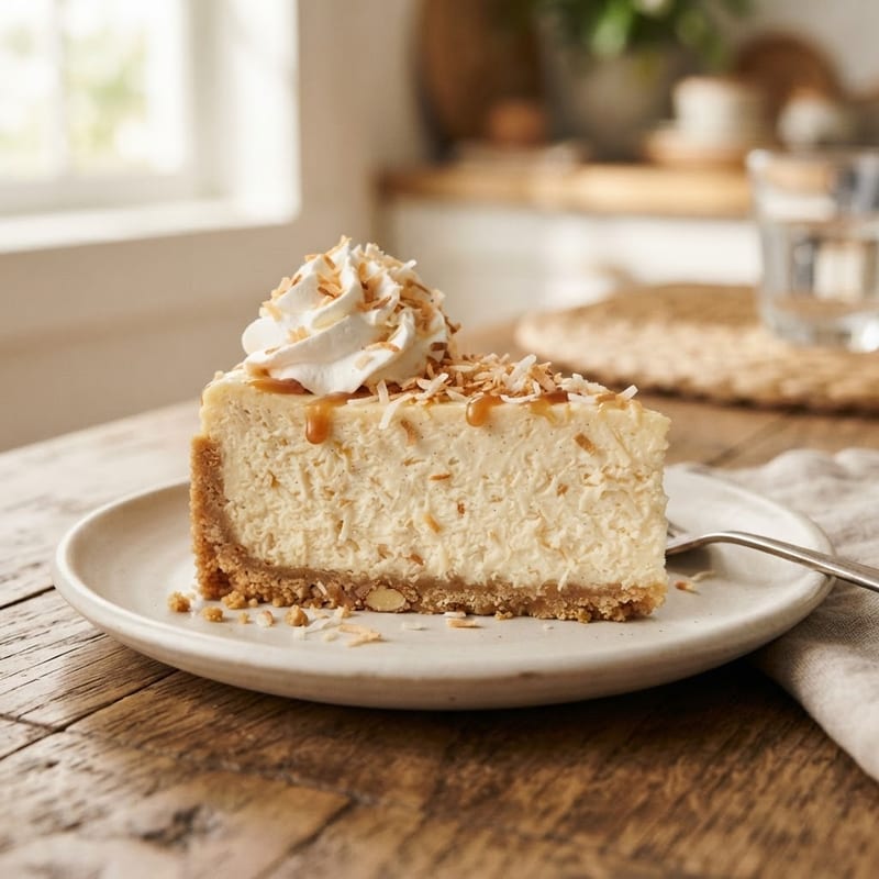 Slice of coconut cheesecake topped with toasted coconut flakes and caramel drizzle