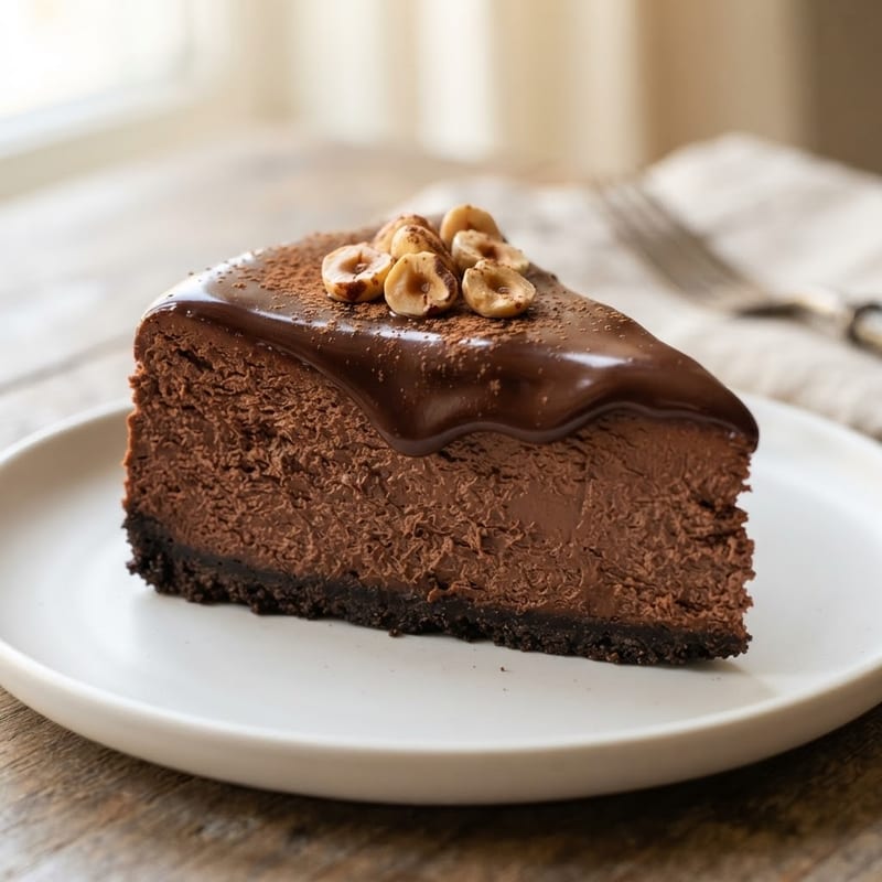 Slice of chocolate Nutella cheesecake topped with glossy chocolate hazelnut spread and toasted hazelnuts