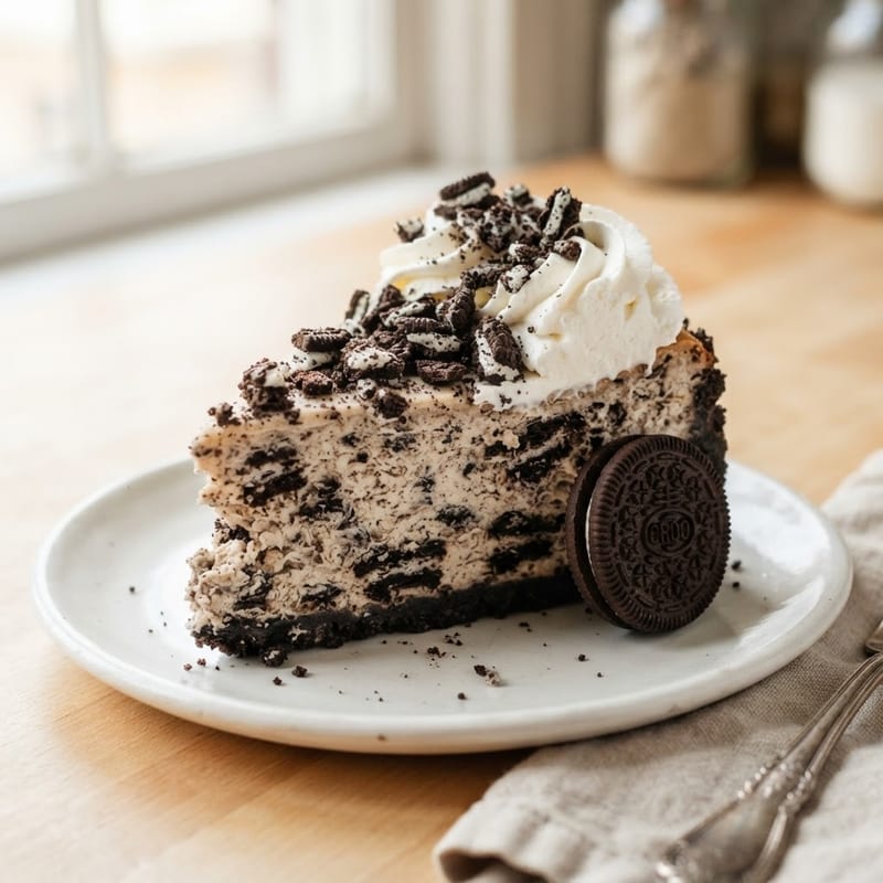 Oreo cheesecake with cookie crumble and cream