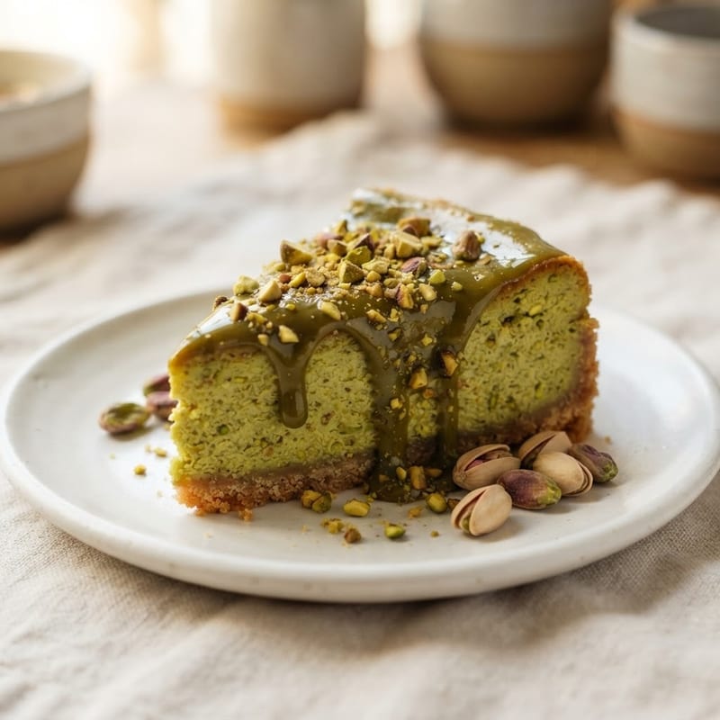 Slice of green pistachio cheesecake with glossy pistachio sauce and crushed pistachios