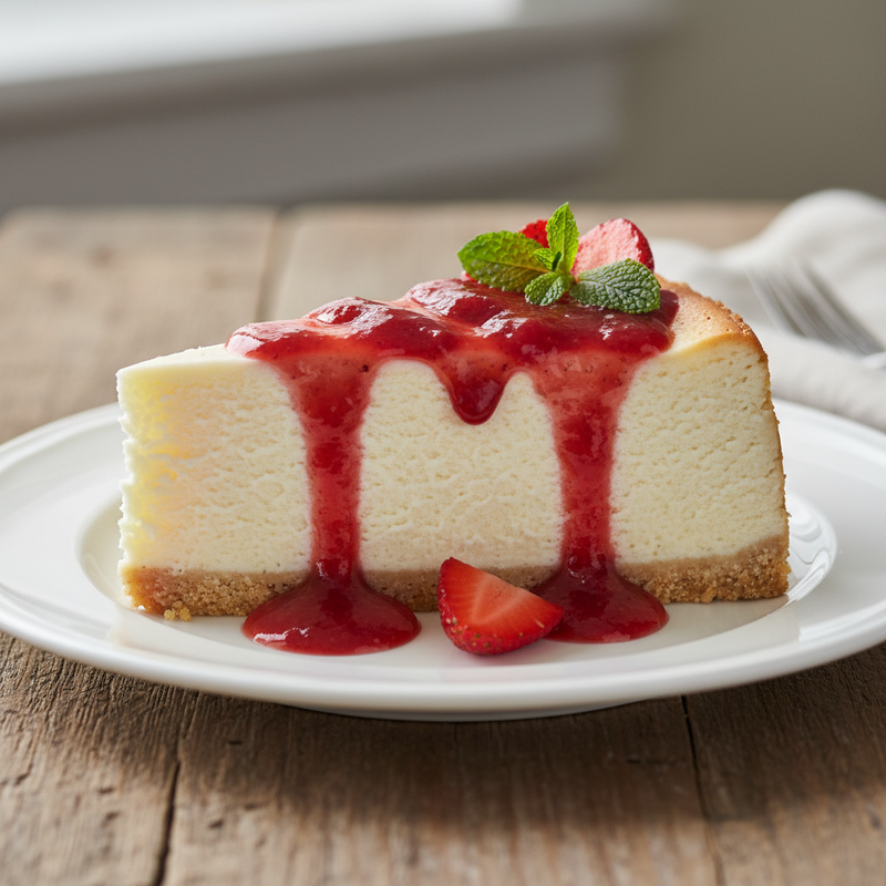 Creamy strawberry cheesecake with fresh strawberry sauce