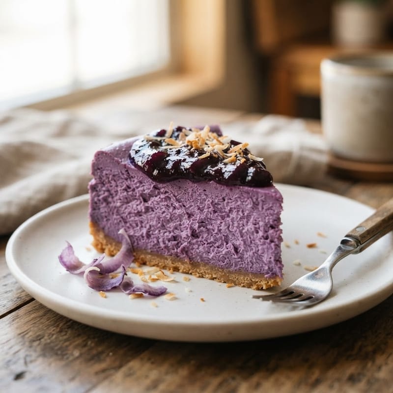 Slice of purple ube cheesecake topped with glossy ube halaya and toasted coconut flakes