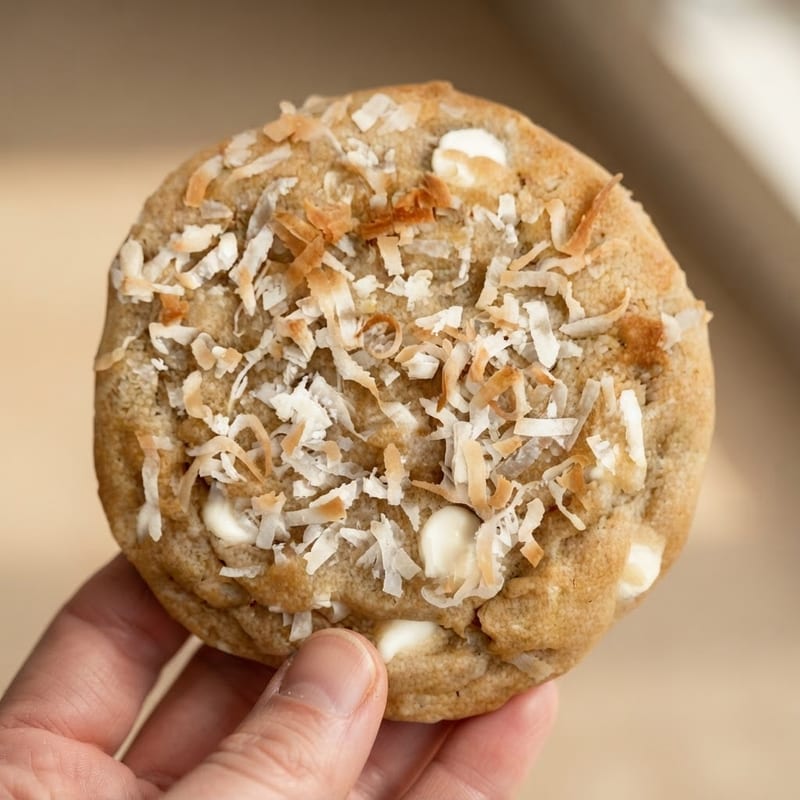 Hand holding a coconut white chocolate chip cookie topped with toasted shredded coconut
