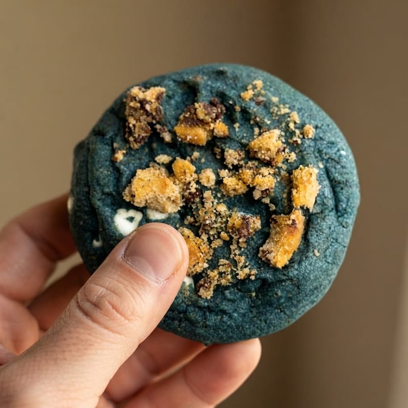 Hand holding a blue Cookie Monster cookie topped with crushed chocolate cookie crumble