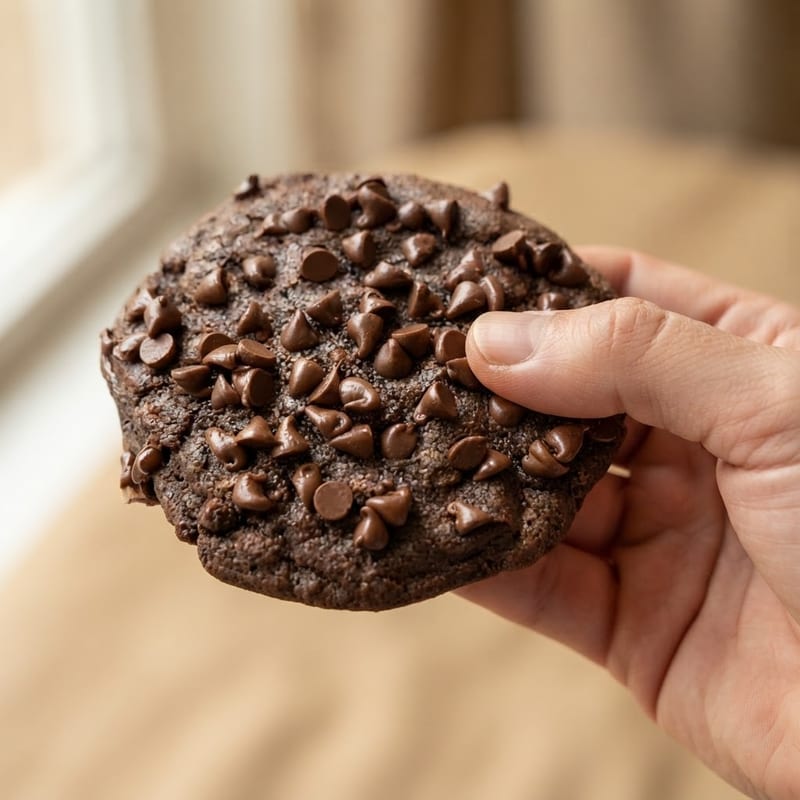 Hand holding a double chocolate chip cookie packed with semi-sweet chocolate chips