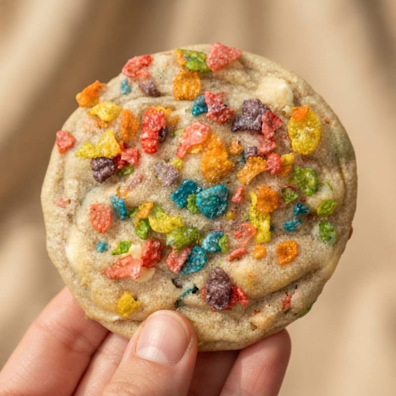Hand holding a Fruity Pebbles cookie topped with colorful cereal flakes