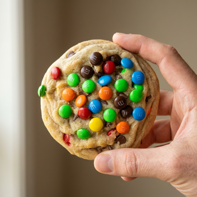 Hand holding an M&M's cookie loaded with colorful candies