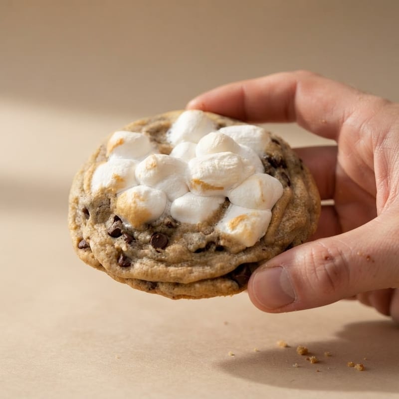 Hand holding a s'mores cookie topped with toasted marshmallows and chocolate chips