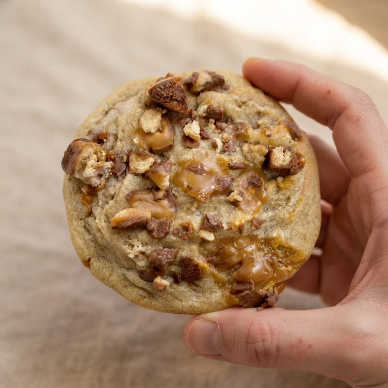Hand holding a Twix cookie topped with melted caramel, chocolate chunks and shortbread pieces