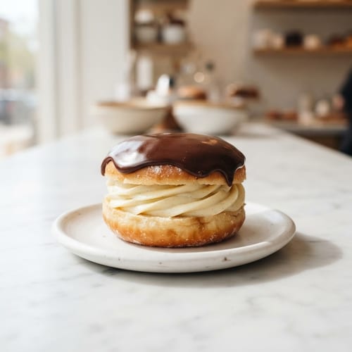 Boston cream donut with thick vanilla custard and a glossy chocolate cap