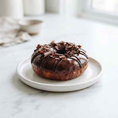 Glossy chocolate glazed donut with chocolate curls