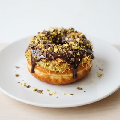 Dubai chocolate donut filled with pistachio cream and crispy kataifi pastry