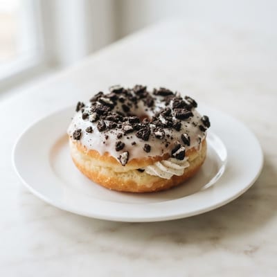 Cookies and cream donut with vanilla glaze topped with crushed cookie crumbs