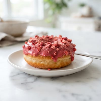 Strawberry frosted donut topped with freeze-dried strawberry crumble