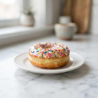 Vanilla glazed donut covered in rainbow sprinkles