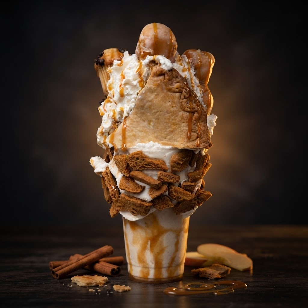 Apple pie freakshake with caramel drizzle, whipped cream, glazed donuts and a slice of apple pie on a dark background