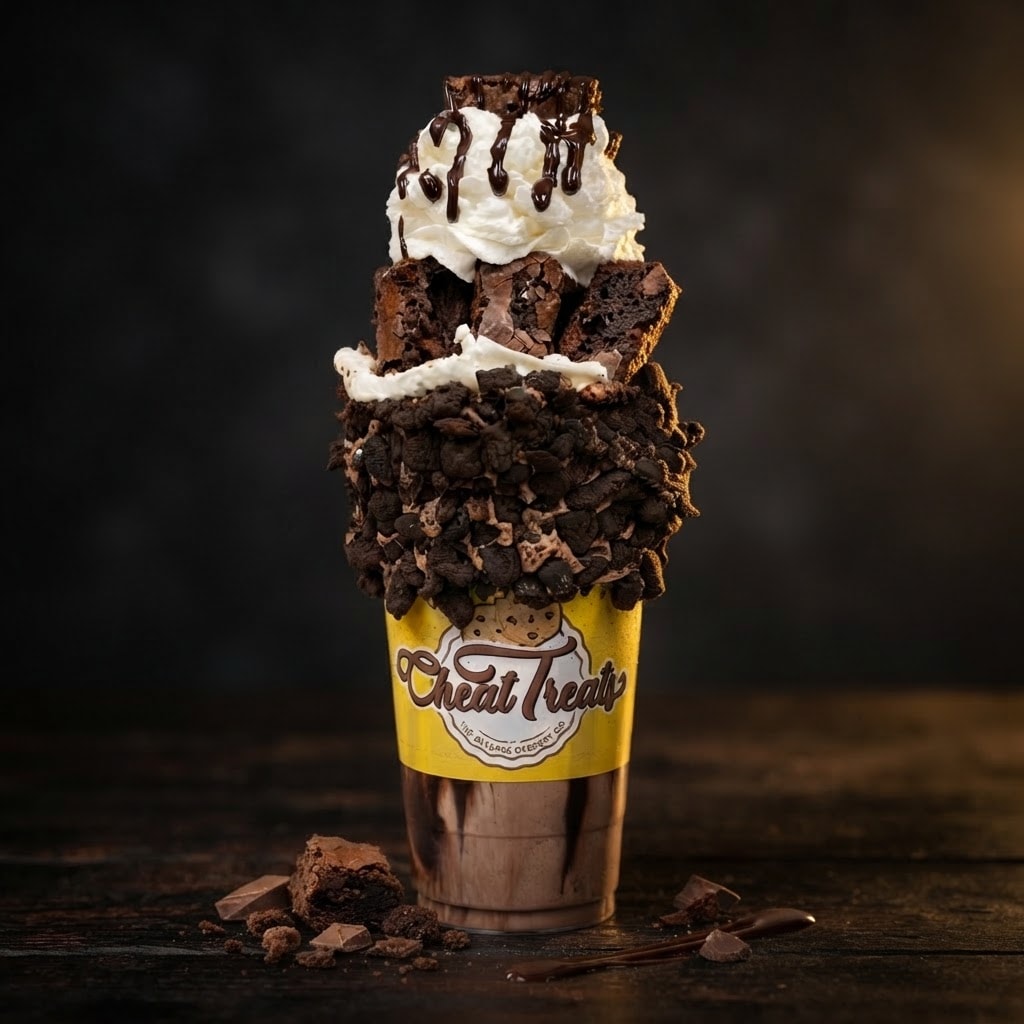 Brownie overload freakshake stacked with fudge brownie chunks, whipped cream and chocolate drizzle