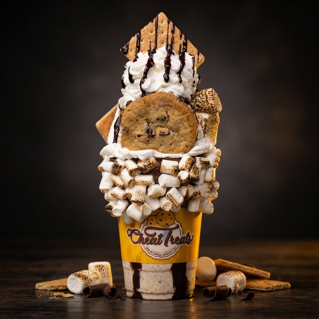 S'mores freakshake in a yellow cup with toasted marshmallows, a chocolate chip cookie and a graham cracker garnish