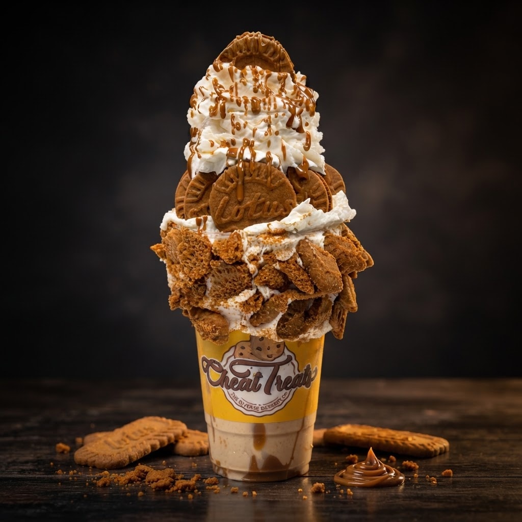 Cookie butter freakshake crowned with whipped cream, crushed speculoos cookies and a cookie butter drizzle