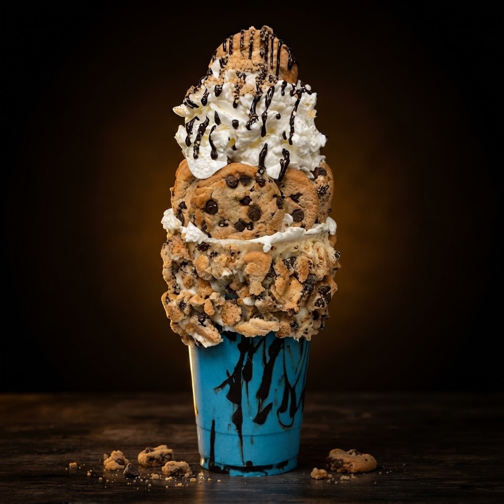 Cookie monster freakshake in a blue cup with a chocolate chip cookie crust, a ring of whole cookies, whipped cream and chocolate drizzle