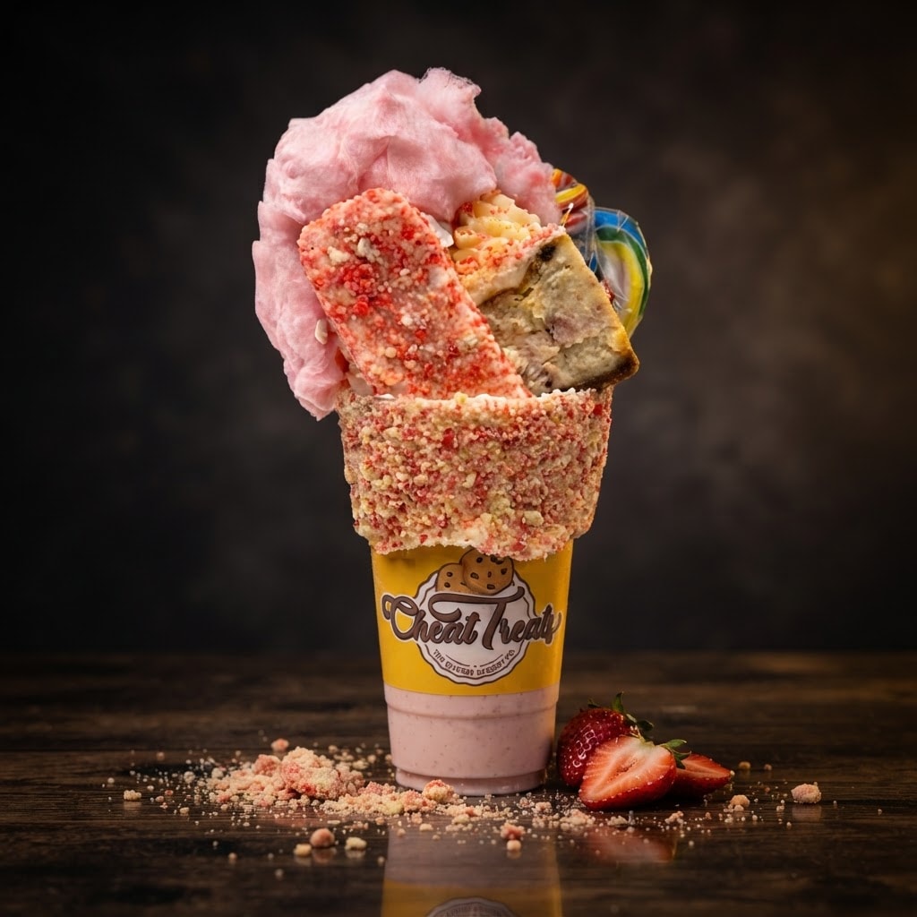 Strawberry shortcake freakshake with crushed strawberry shortcake rim, cotton candy, a shortcake cookie and a swirl lollipop