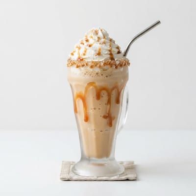 Tall glass of salted caramel milkshake with caramel drizzle and whipped cream