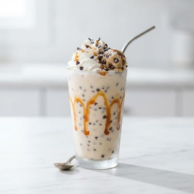 Tall glass of cookie dough milkshake topped with whipped cream and mini chocolate chips
