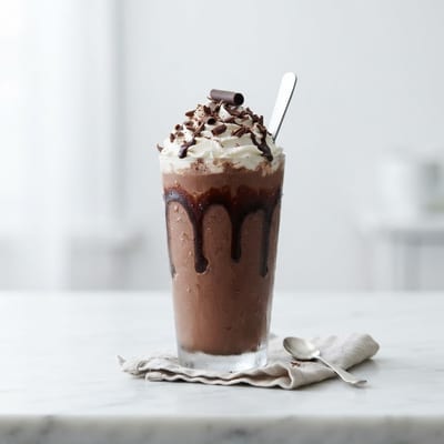Tall glass of double chocolate milkshake topped with whipped cream and chocolate drizzle