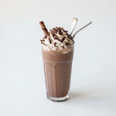 Tall glass of chocolate malt milkshake topped with whipped cream and chocolate shavings