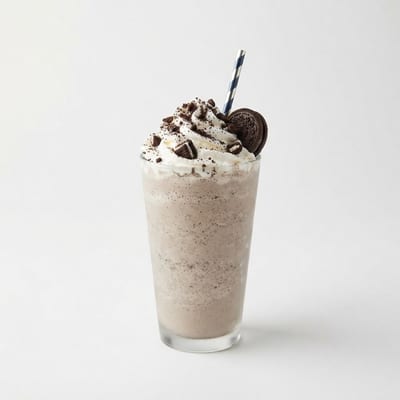 Tall glass of cookies and cream milkshake topped with whipped cream and cookie crumbs