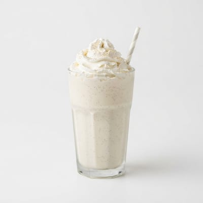 Tall glass of vanilla bean milkshake topped with whipped cream