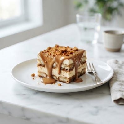 Biscoff tiramisu slice with cookie butter cream layers