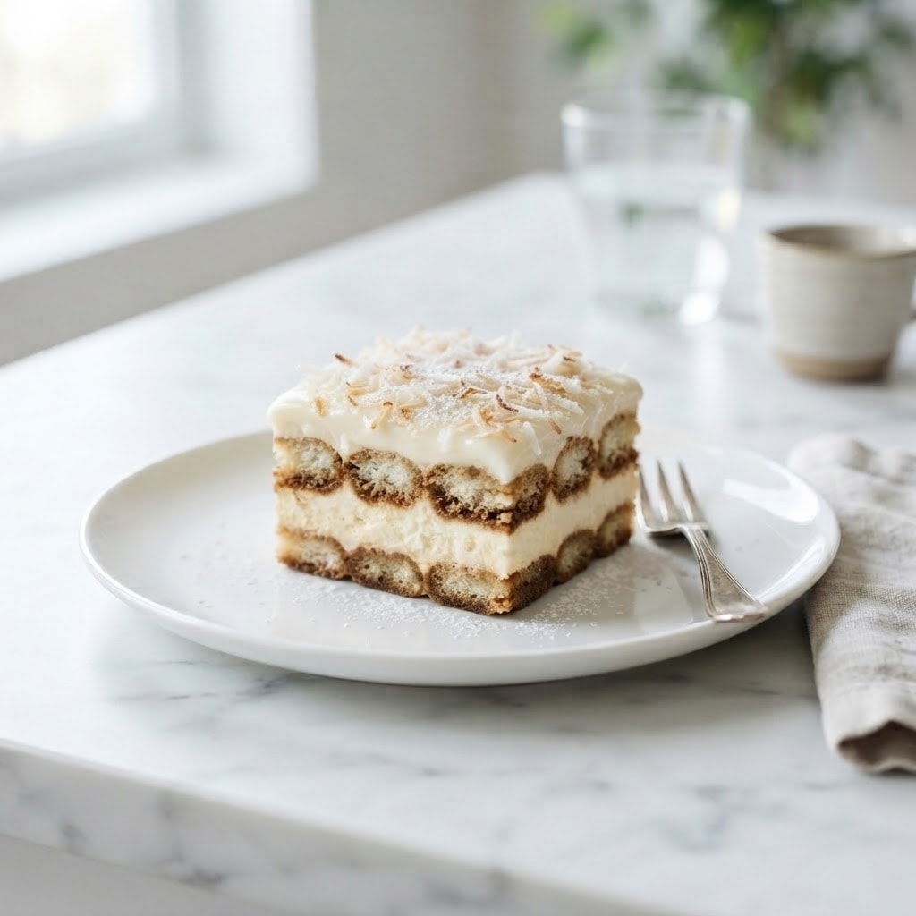 Coconut tiramisu cup with toasted coconut layers