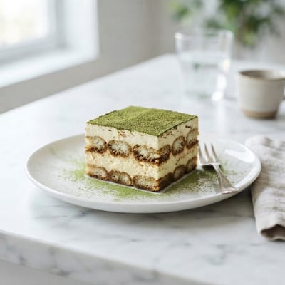 Matcha green tea tiramisu slice with cocoa dusting