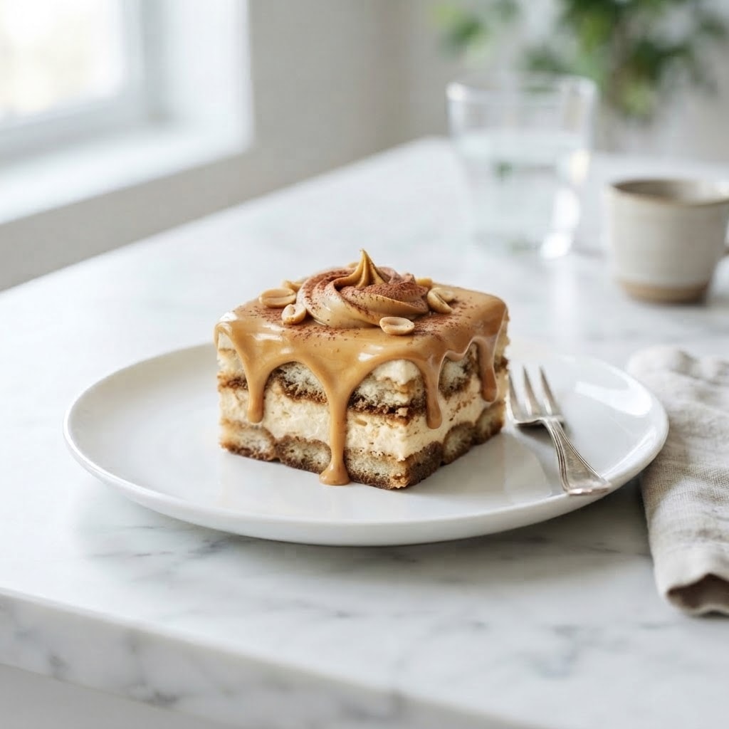 Peanut butter tiramisu cup with chocolate drizzle