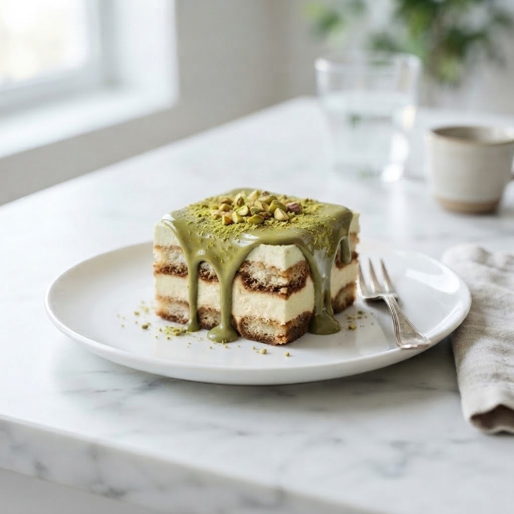 Pistachio tiramisu cup with pistachio cream layers